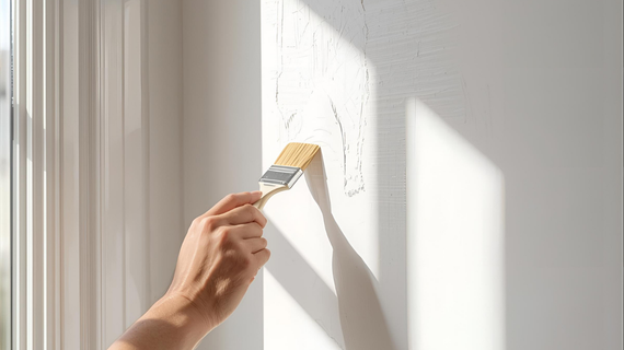 Person painting a white wall with a paintbrush near a window. Bright sunlight illuminates the scene.