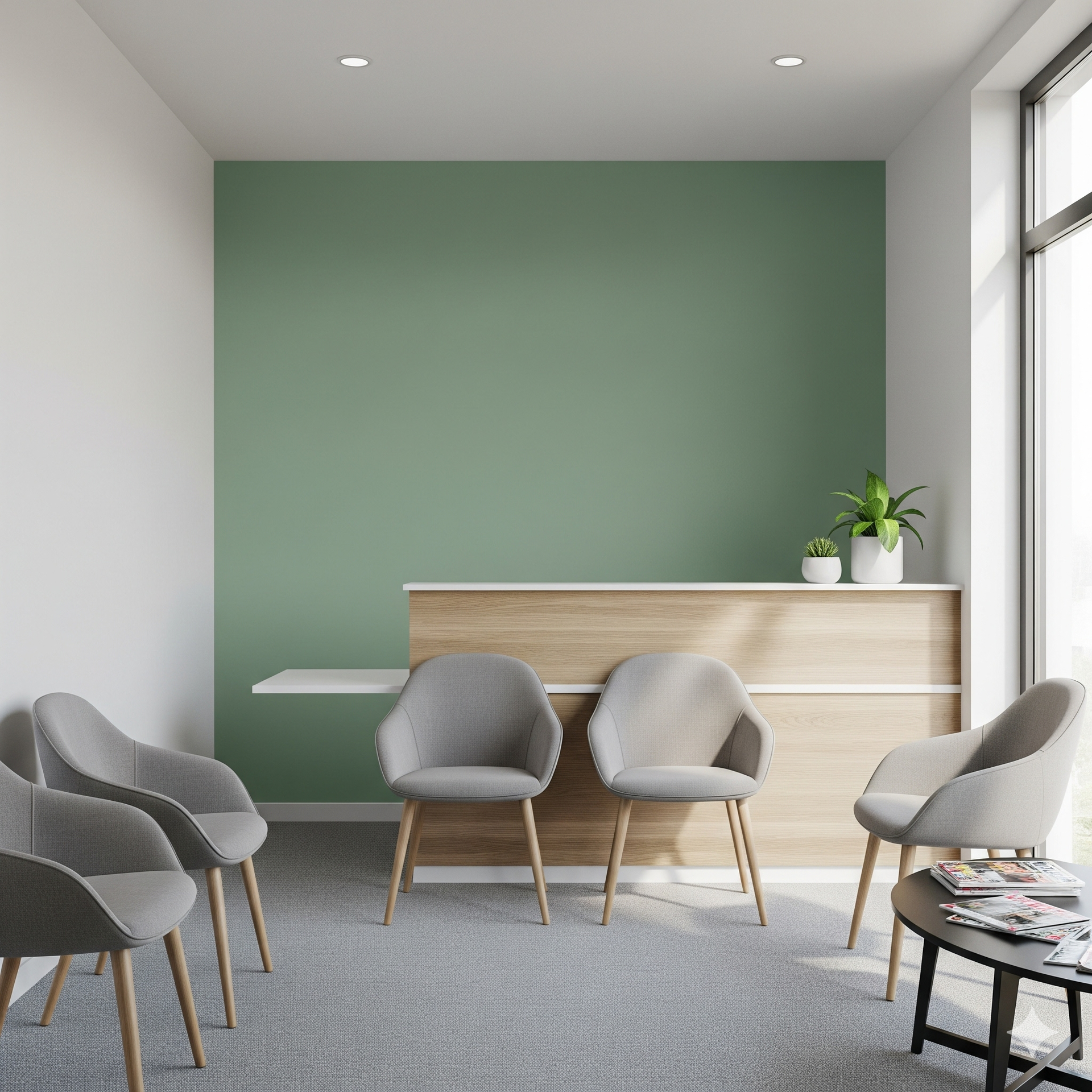 Waiting room: gray chairs, light wood reception desk, green accent wall, and a small round table.