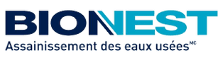 A blue and white logo for bionest assainissement des eaux usées