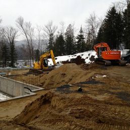 Quelques excavatrices sont assises au sommet d'un tas de terre.