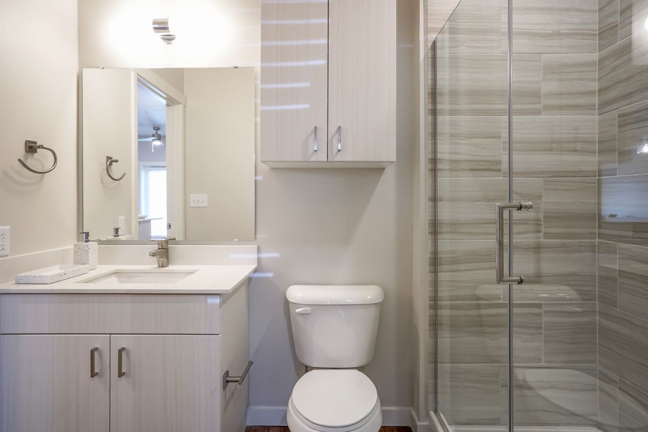 Modern bathroom with vanity, toilet, and glass-enclosed shower.
