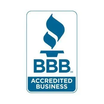 A blue and white bbb accredited business logo