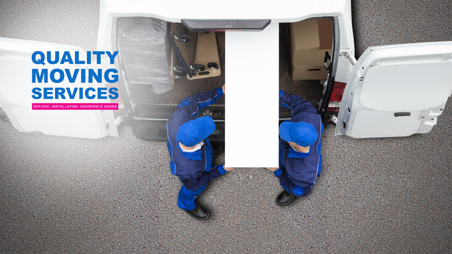Two men are carrying a white box out of a van.