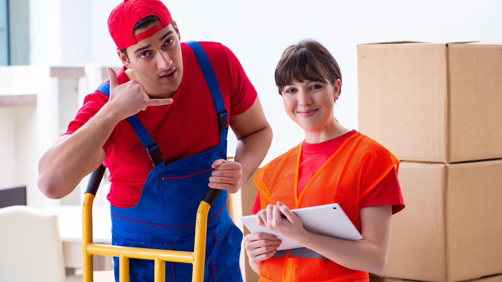 A man is pushing a trolley next to a woman holding a clipboard.