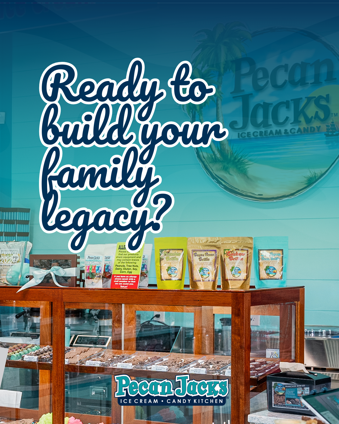 Pecan Jack's ice cream shop interior. Text: