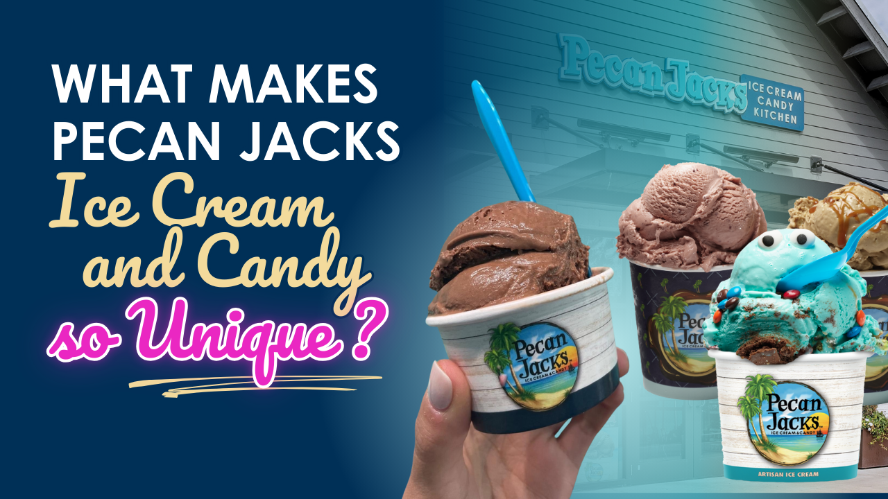 Hand holding chocolate ice cream cup, next to other ice cream cups, with Pecan Jacks logo. Text: 