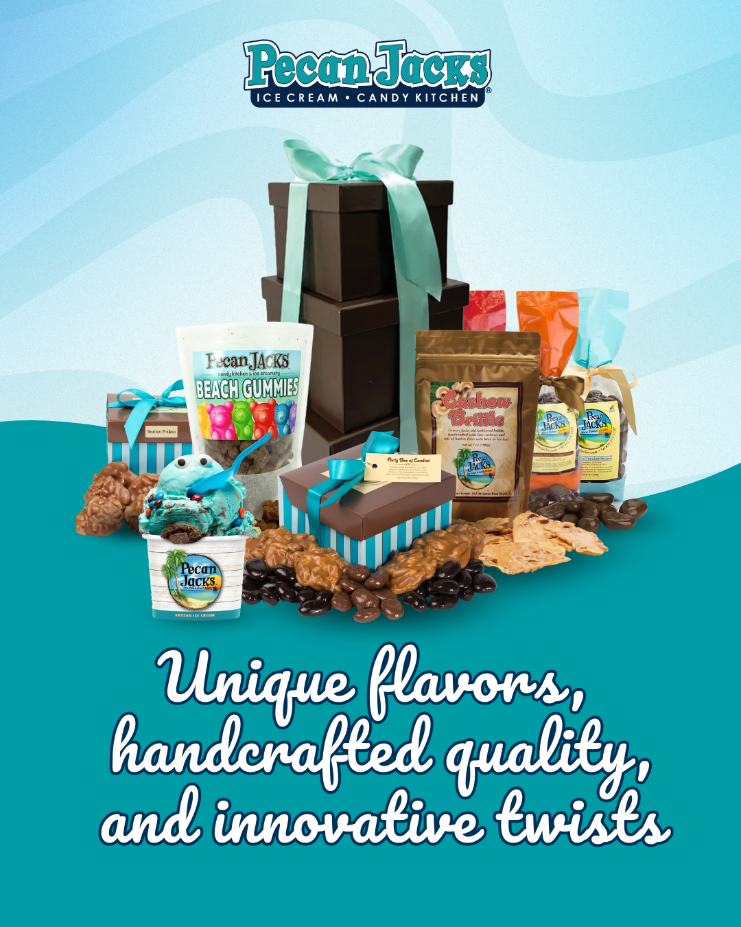 Pecan Jack's treats: gifts, ice cream, & candies on aqua background. Text: 