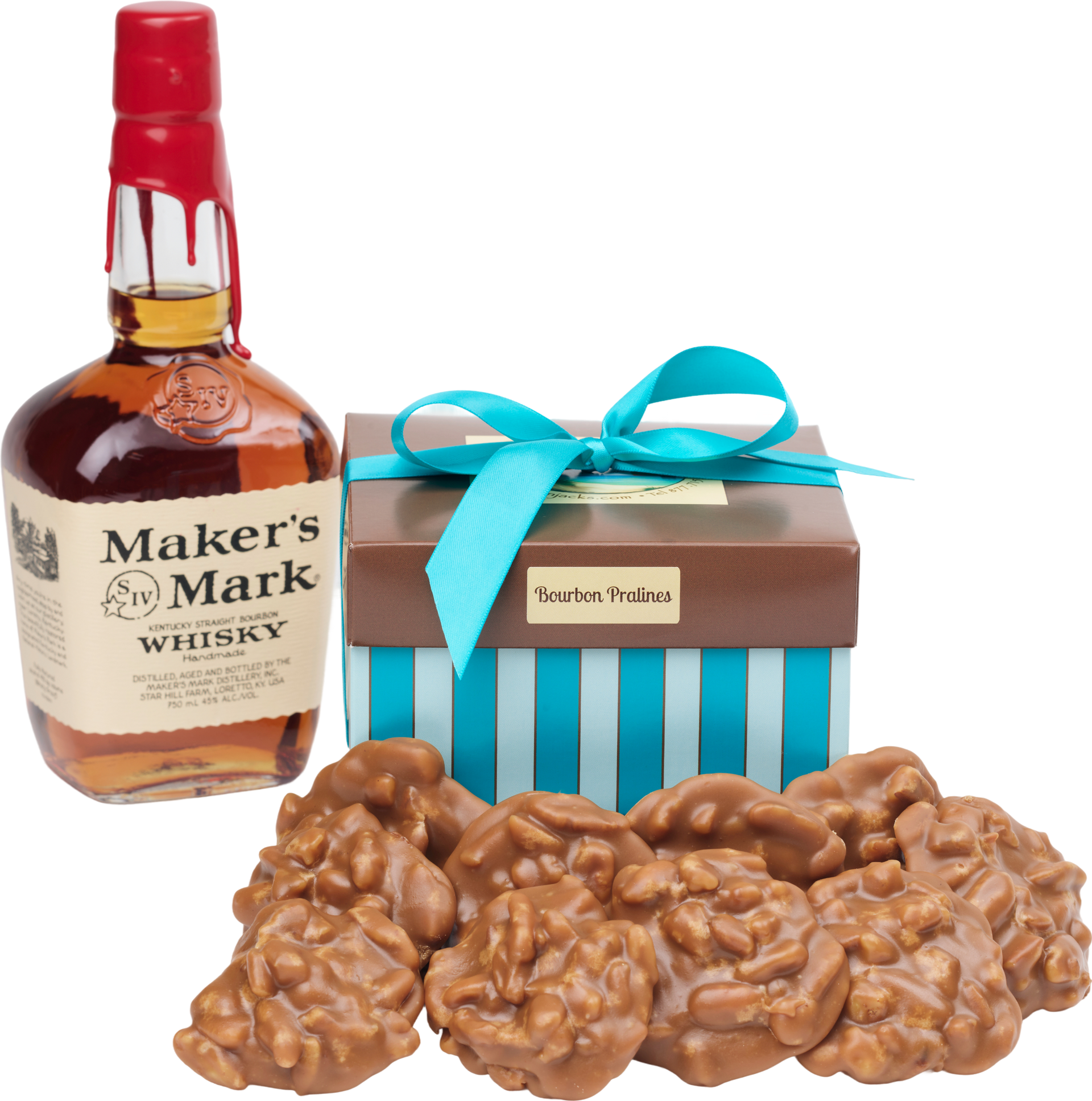 A bottle of maker 's mark whiskey next to a box of pecans