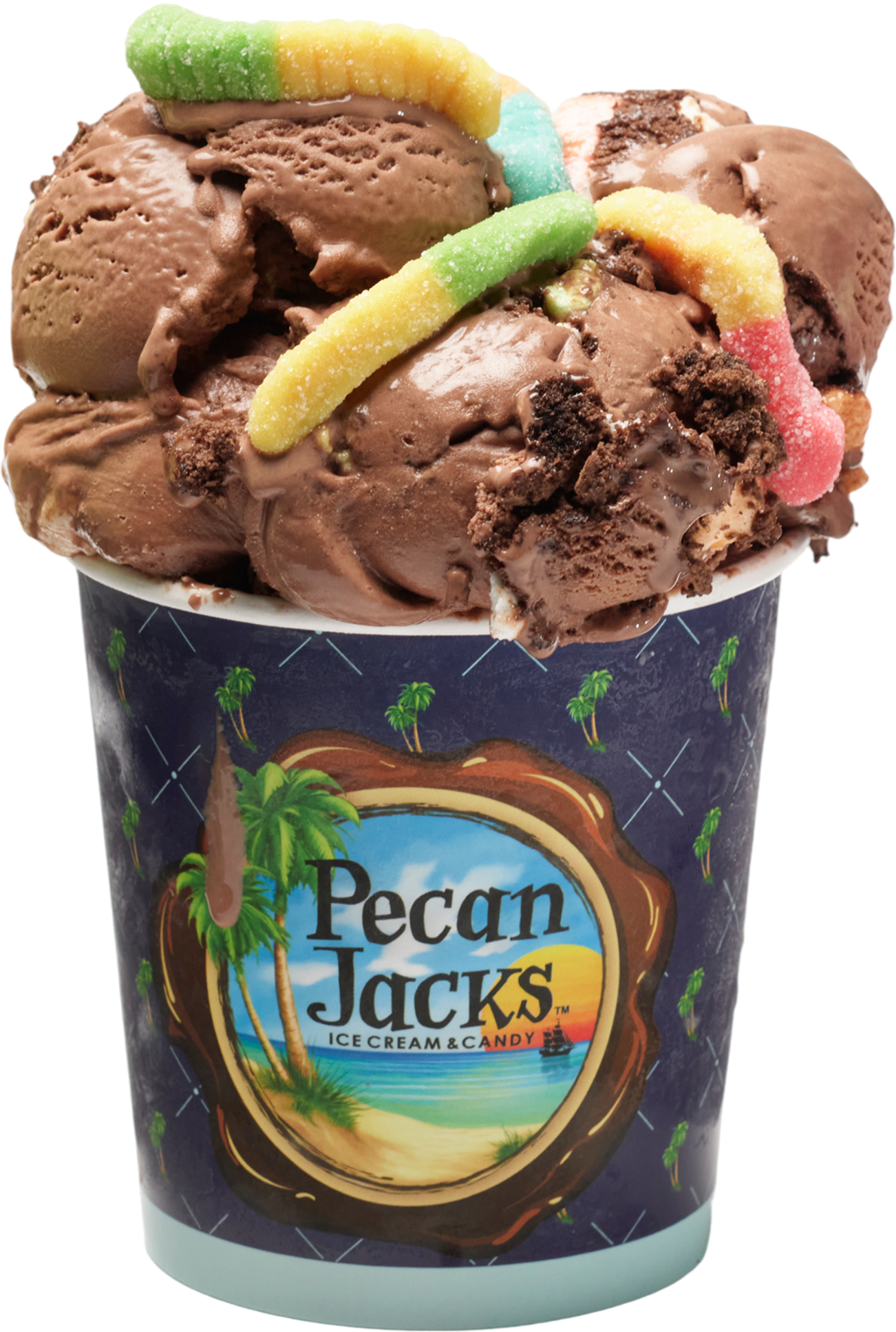 A cup of pecan jack 's chocolate ice cream with gummy worms on top.