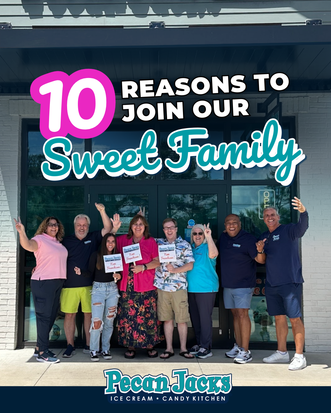 Group of people in front of Pecan Jack's. Text reads 