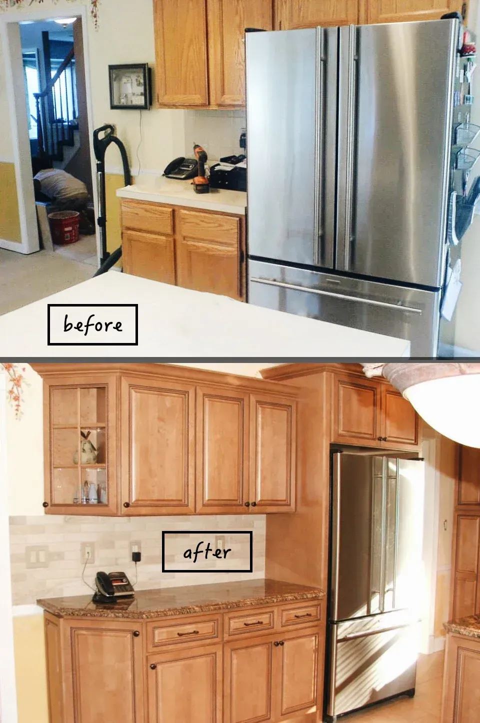 Kitchen remodel: before and after shots with wood cabinets, stainless steel refrigerator, and new countertops.