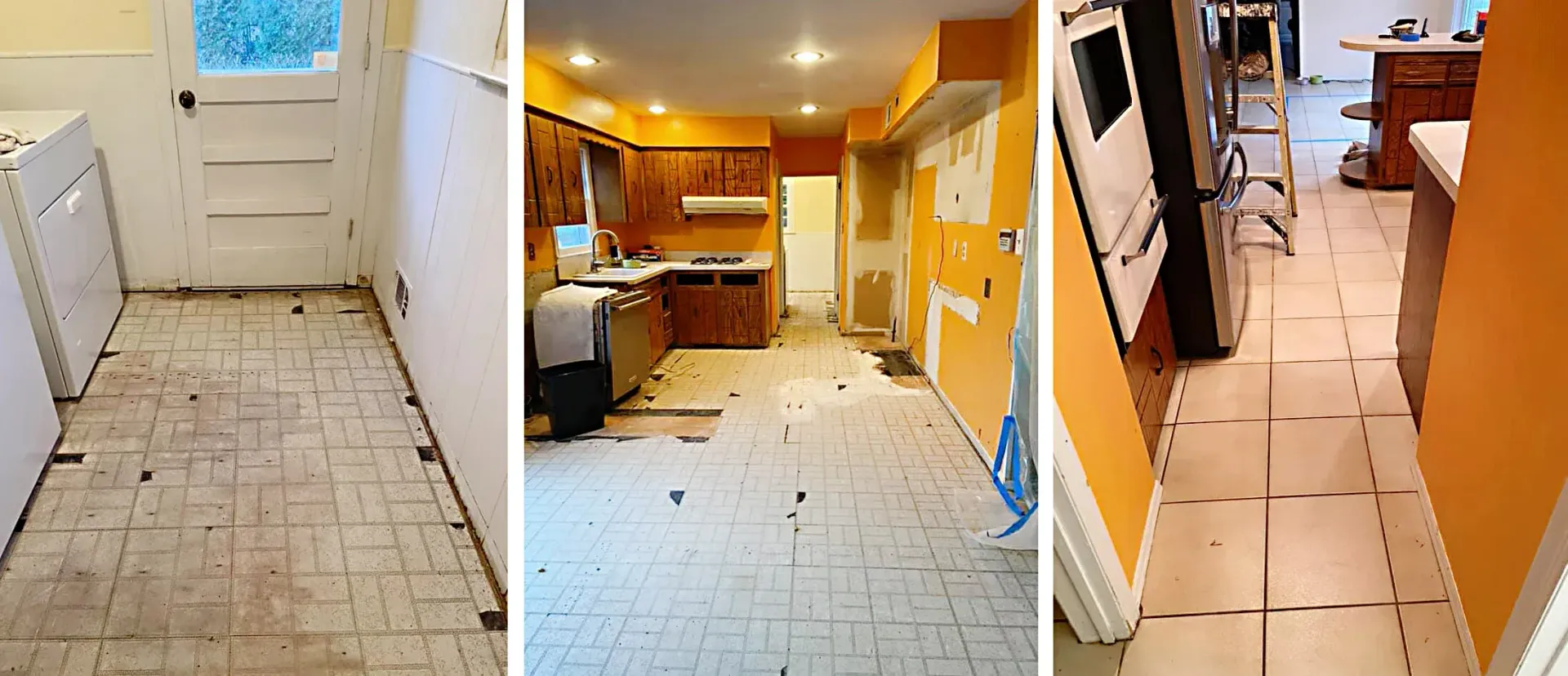 Three-panel view of a kitchen renovation. Floors are being redone, walls are orange, cabinetry is visible.