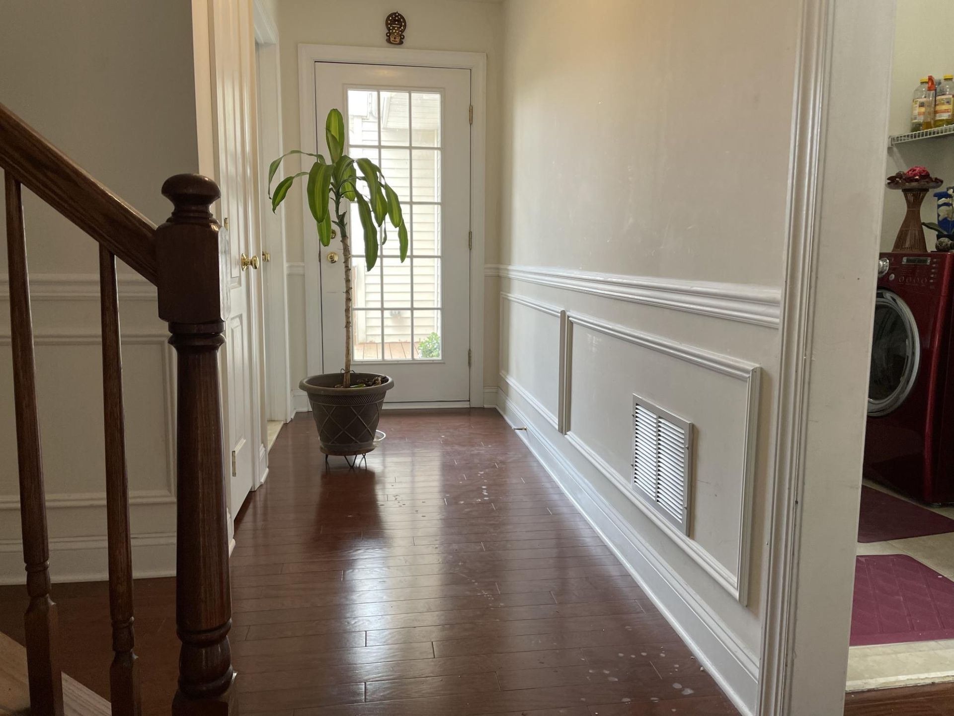 Hallway with dark wood floor, white walls with molding, and a potted plant in front of a door.