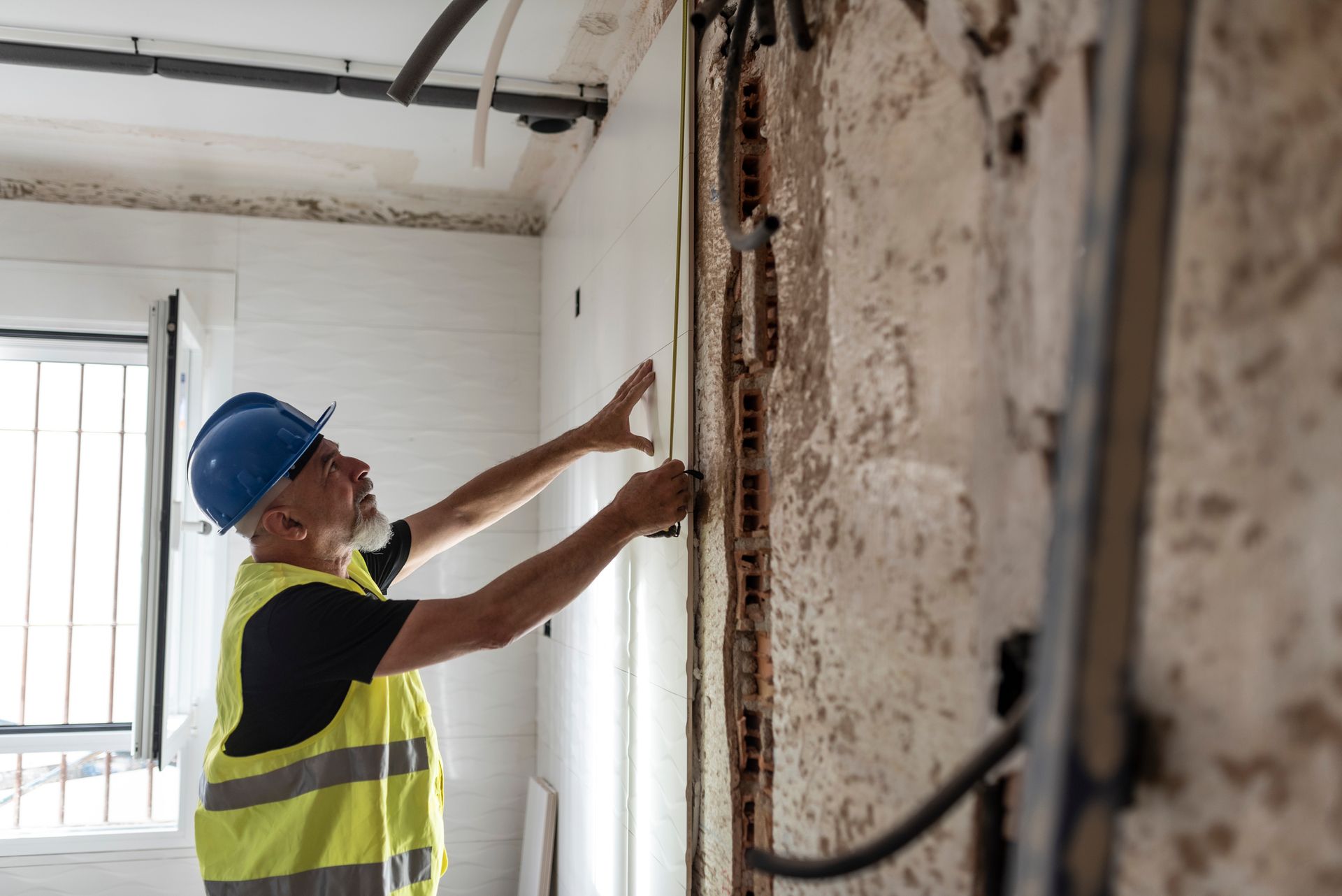 Construction worker prepares the kitchen tiles in a home renovation.