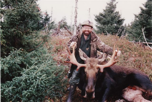 A man is standing next to a moose in the woods.