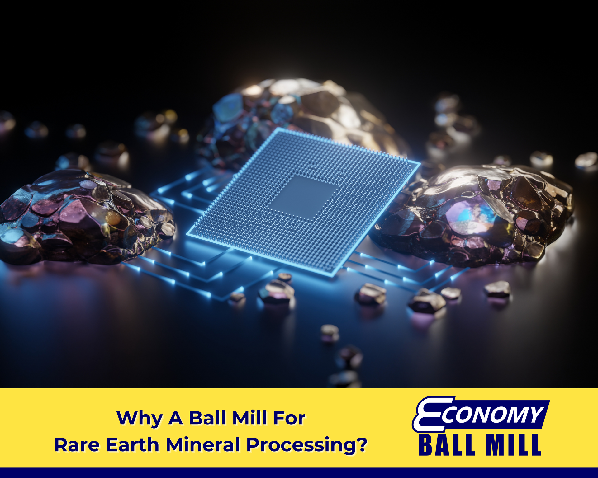 A microchip and ore representing rare earth mineral processing at Economy Ball Mill near Tollesboro, Kentucky (KY).