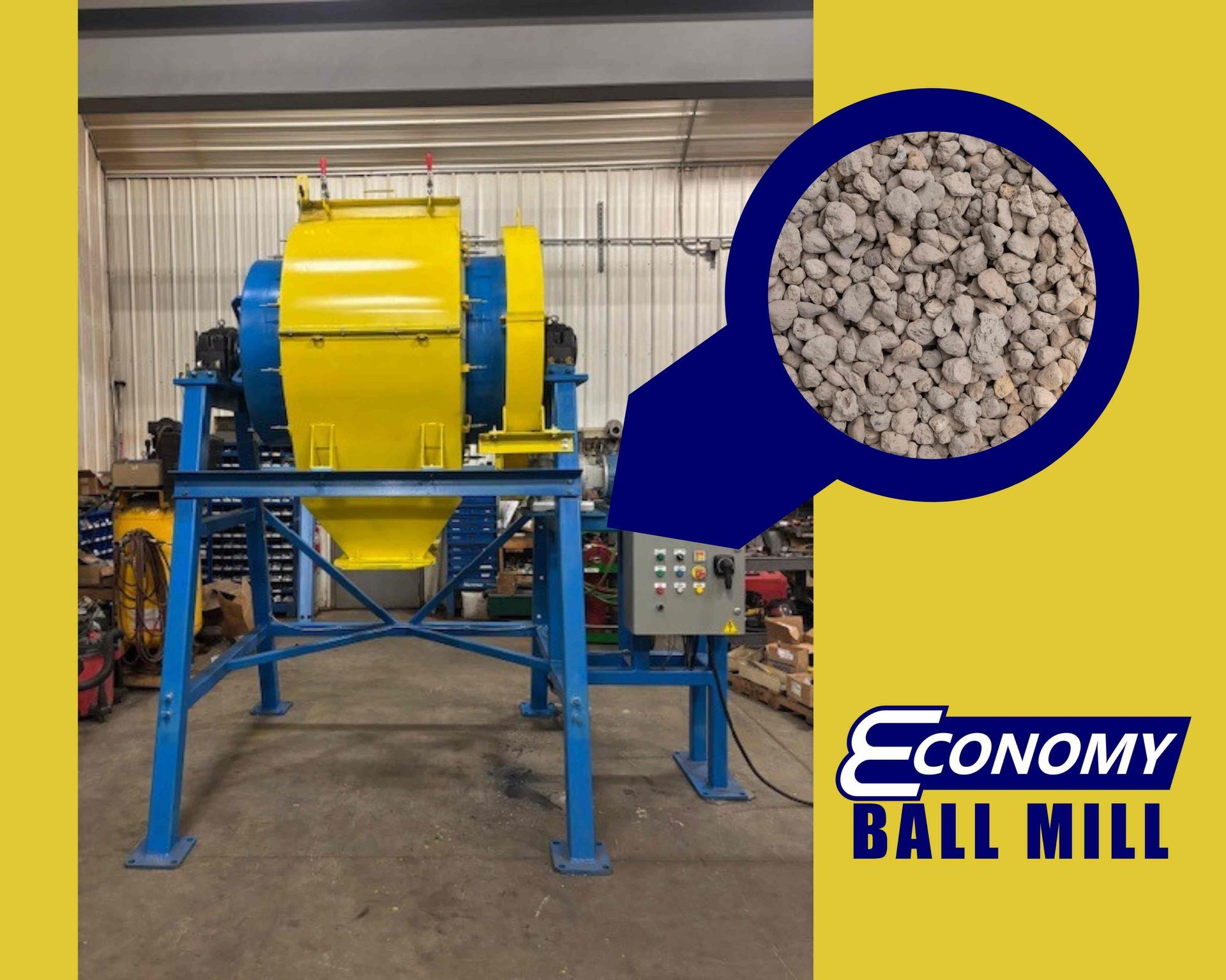 A close-up of pumice stone with ball milling equipment at Economy Ball Mill near Tollesboro, Kentu