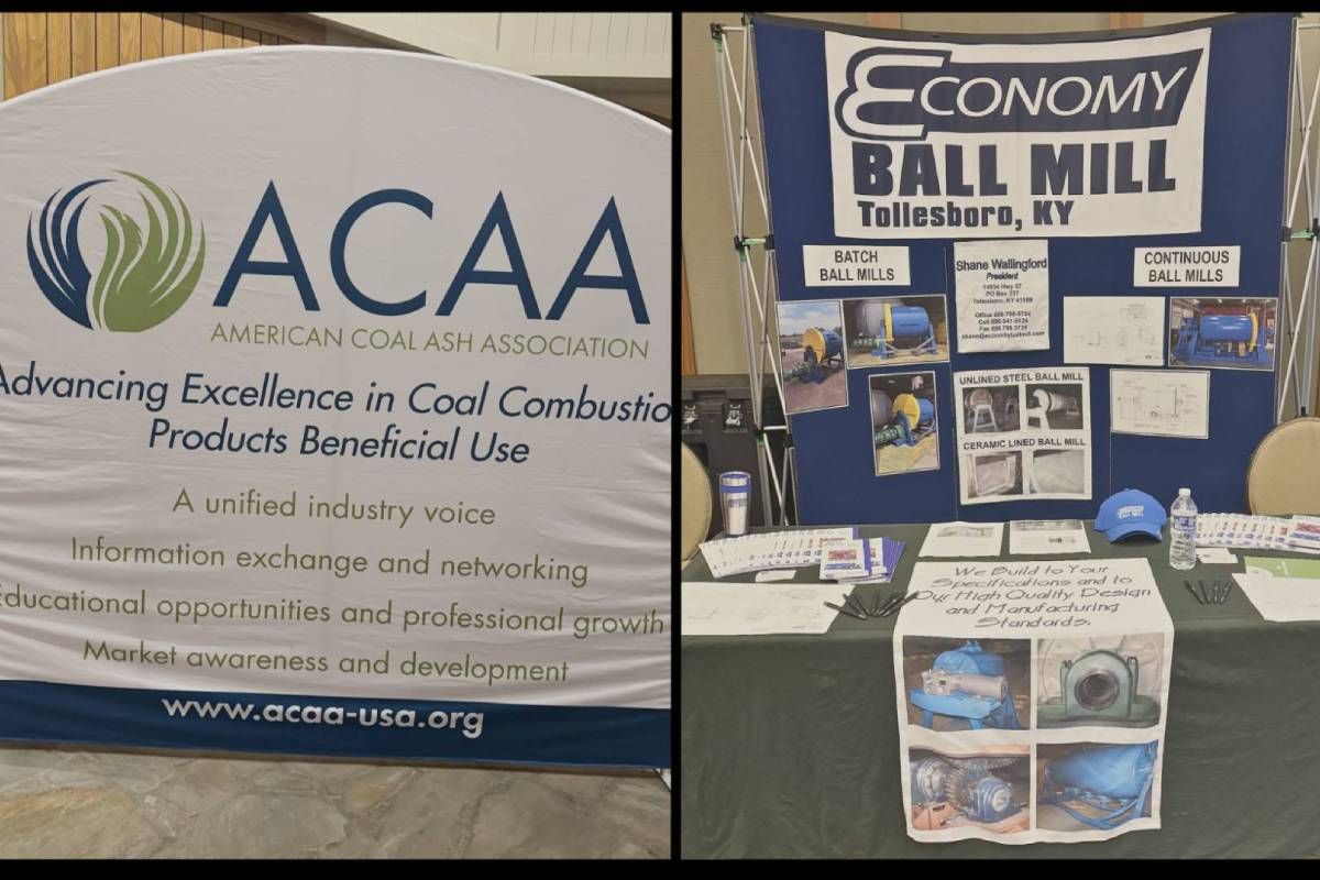 An image of the American Coal Ash Association sign and Economy Ball Mill booth at Economy Ball Mill near Tollesboro, Kentucky (KY)