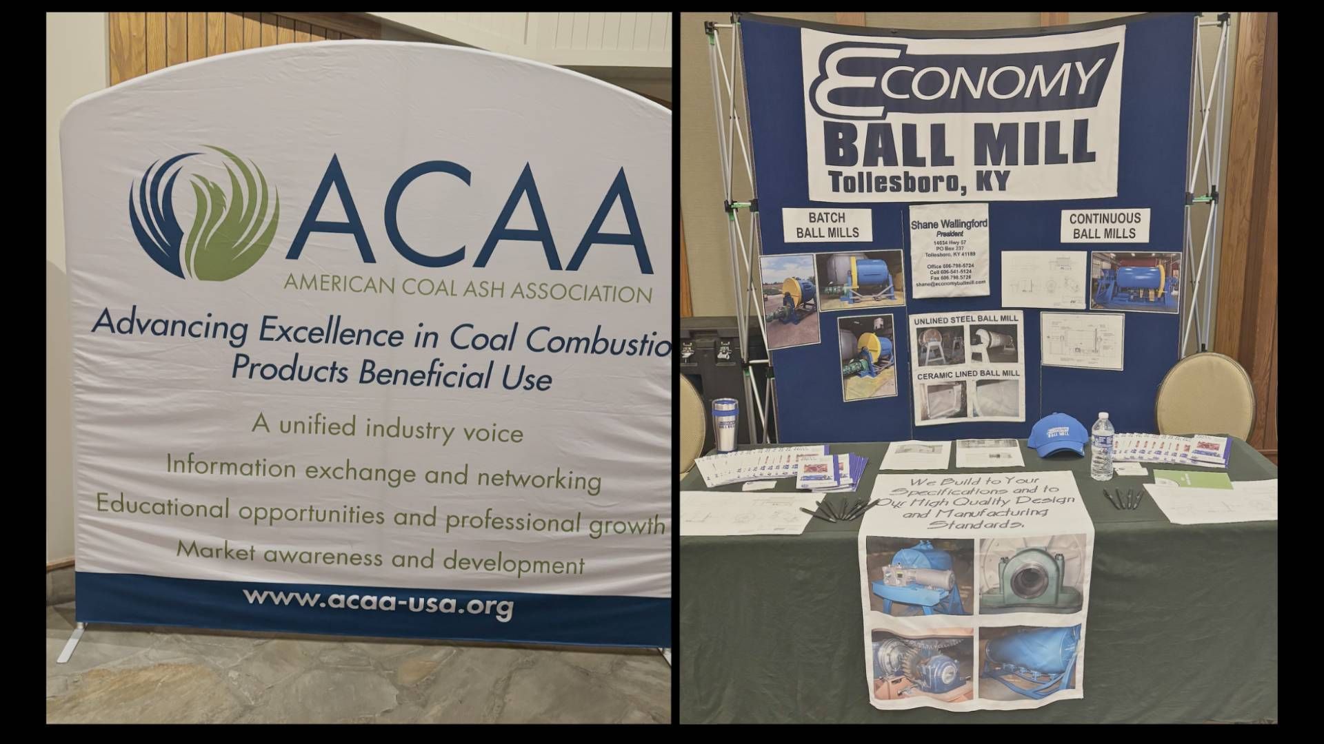 An image of the American Coal Ash Association sign and Economy Ball Mill booth at Economy Ball Mill 