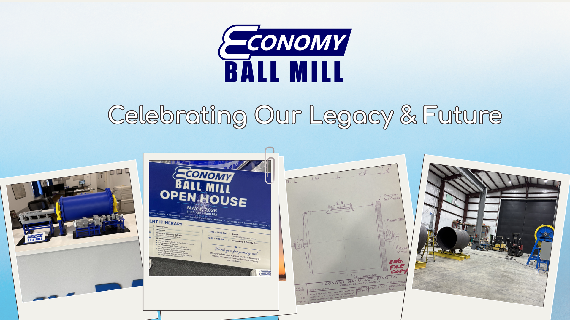 Several polaroid photos representing Economy Ball Mill's past, present, and future.