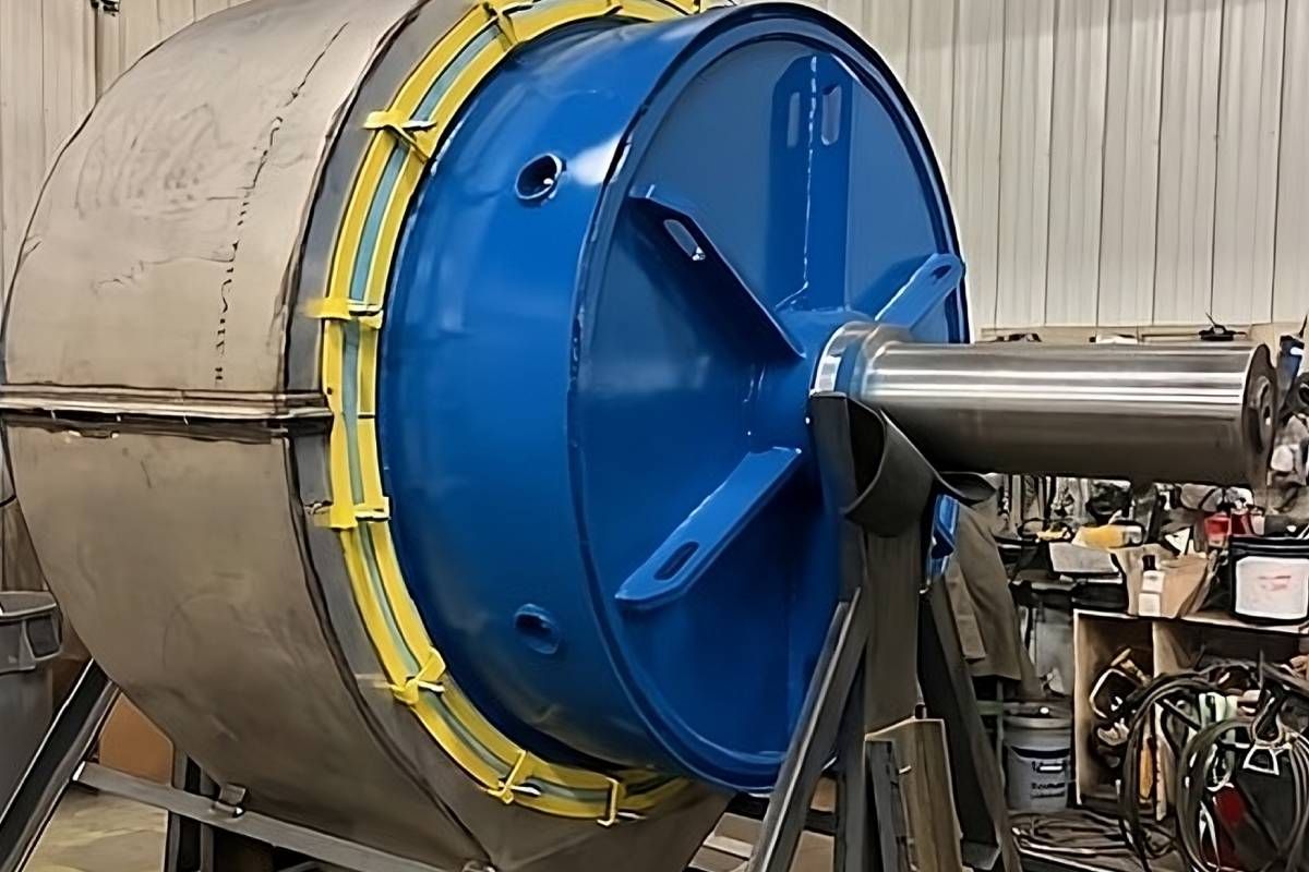 Stainless steel ball mill with a discharge housing for dry grinding at Economy Ball Mill near Tollesboro, Kentucky (KY)