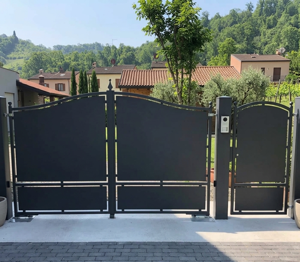 Cancello carrabile in metallo nero con porta pedonale davanti a una casa di periferia e alberi.