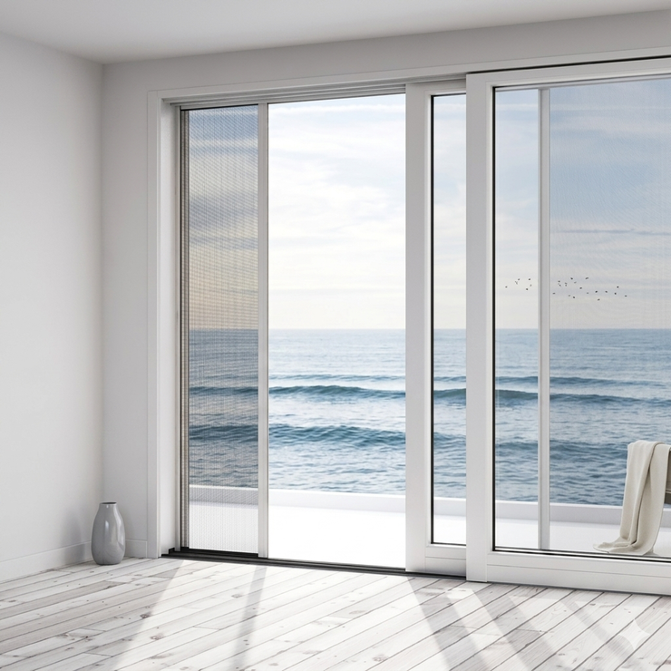 Luminosa camera in stile minimalista con porte scorrevoli che si aprono su un oceano tranquillo e balcone bianco
