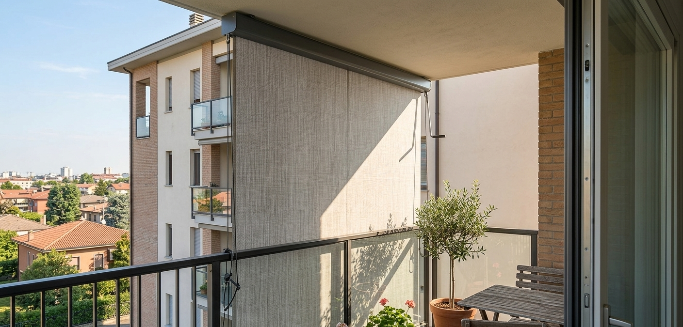 Balcone con vista sui palazzi circostanti, dotato di ringhiera nera e sedie da esterno sotto un patio coperto.