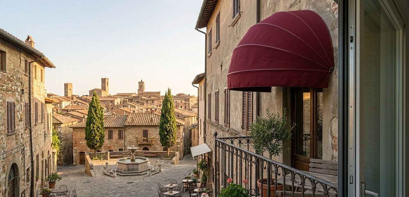 Vicolo lastricato in un borgo storico, fiancheggiato da antichi edifici e coperto da una tenda rossa, che conduce a una piazza soleggiata.