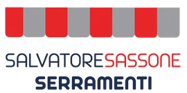 Logo per Salvatore Sassone Serramenti con strisce a tenda rosse e grigie sopra testo blu e rosso