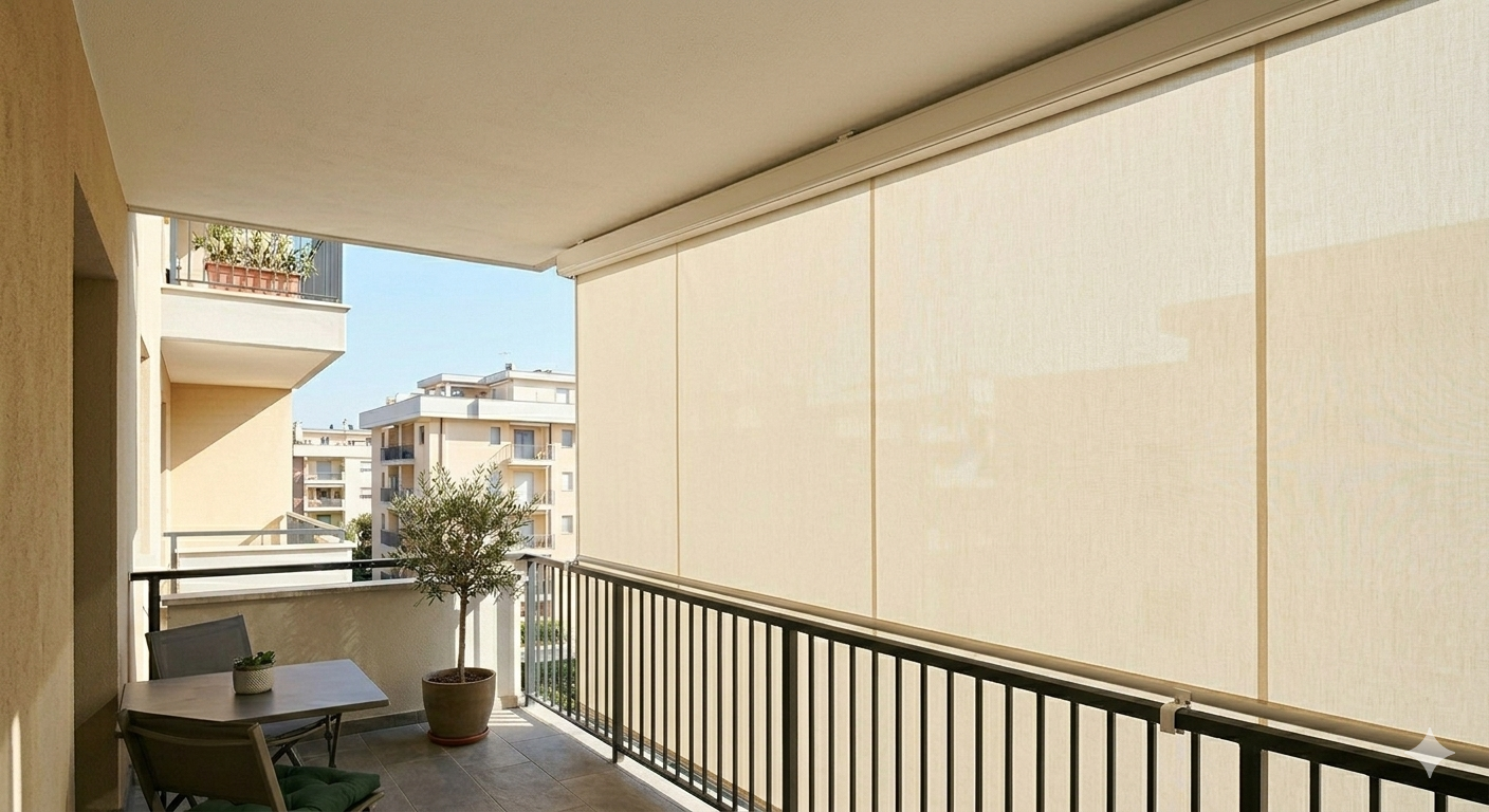 Balcone con ringhiera, piante in vaso e vista sui palazzi attraverso una tenda soleggiata.