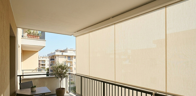 Balcone con tende beige, piante in vaso e vista sui palazzi circostanti illuminati dal sole.