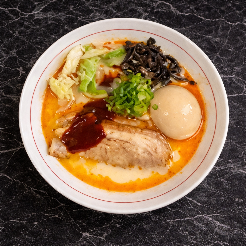 A bowl of ramen with pork belly, a soft-boiled egg, chopped green onions, and wood ear mushrooms in a spicy broth.
