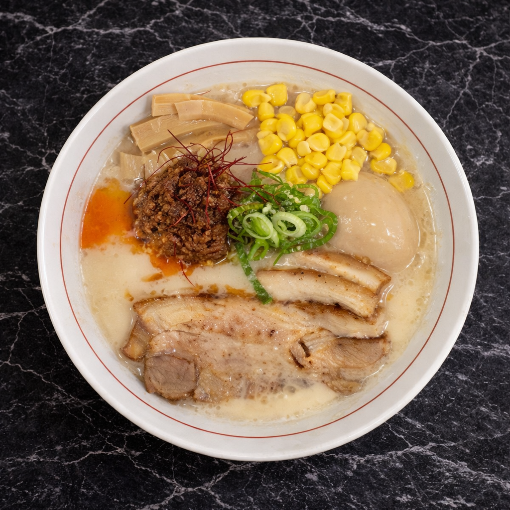 A bowl of ramen with pork belly, corn, menma, green onions, and a soft-boiled egg in a creamy, broth-based soup.
