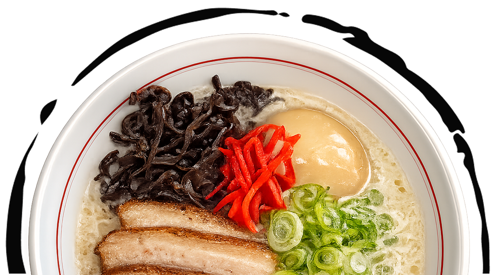 A bowl of ramen topped with pork slices, a soft-boiled egg, bright red pickled ginger, sliced scallions, and wood ear mushrooms.