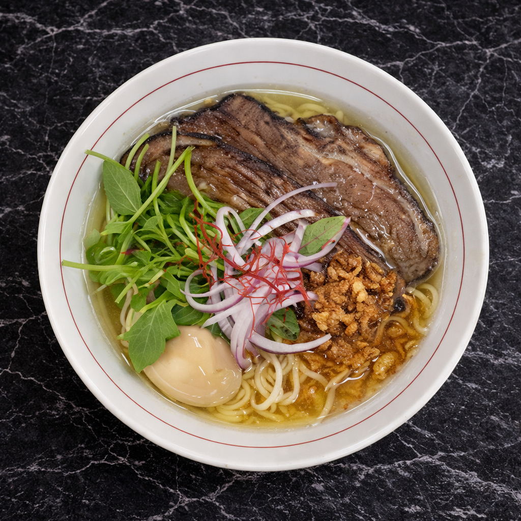 A bowl of ramen topped with grilled meat, fresh greens, red onion, fried garlic, and a soft-boiled egg in clear broth.