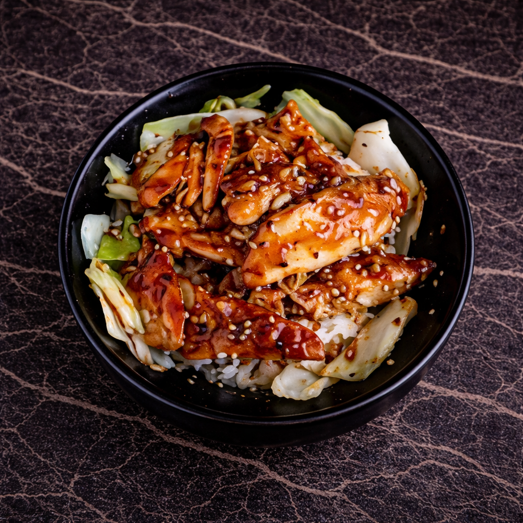 A bowl of teriyaki chicken over rice with steamed cabbage, topped with sesame seeds on a dark, textured background.