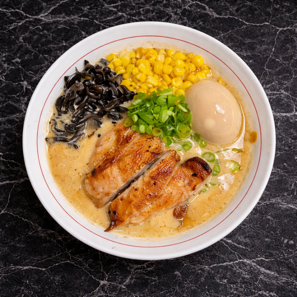 A bowl of ramen topped with grilled chicken, a soft-boiled egg, corn, wood ear mushrooms, and scallions in a creamy broth.