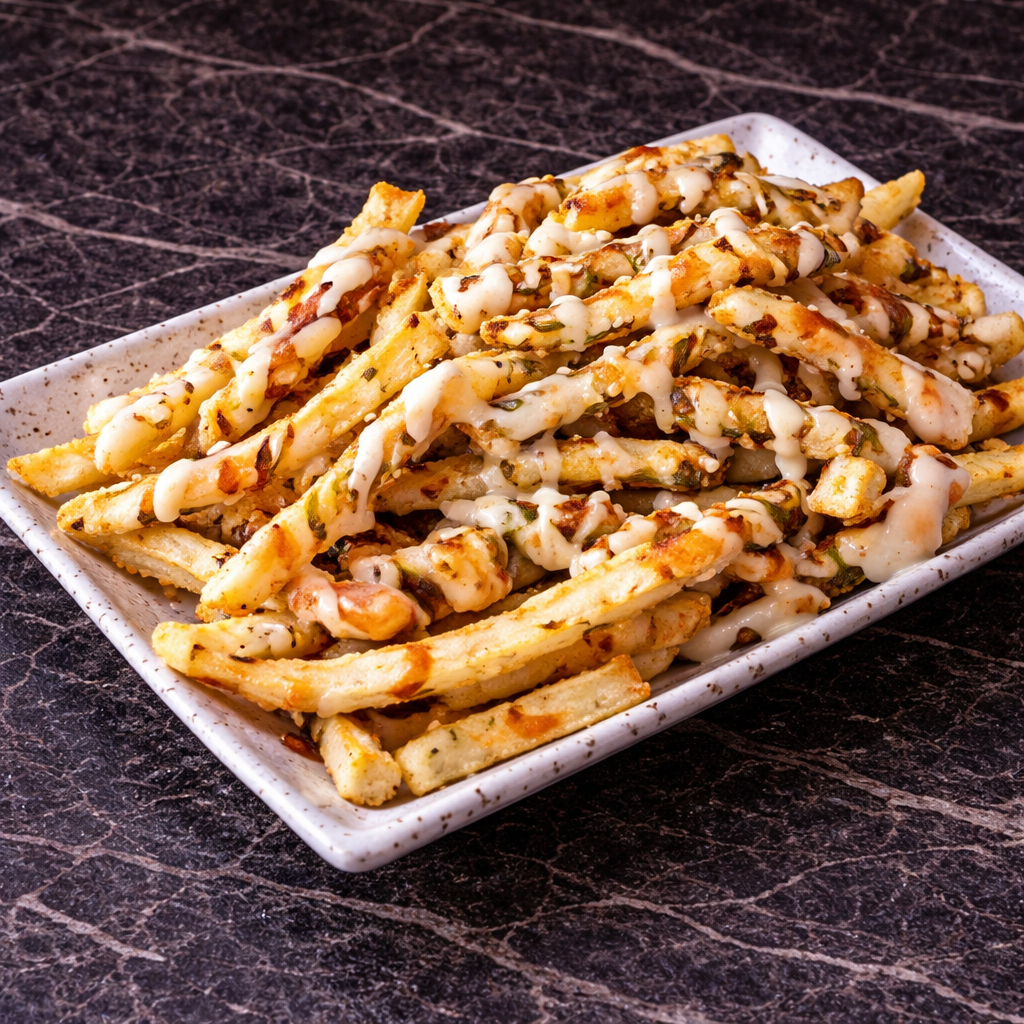 A rectangular plate of golden-brown seasoned fries drizzled with white sauce, set against a dark marble background.