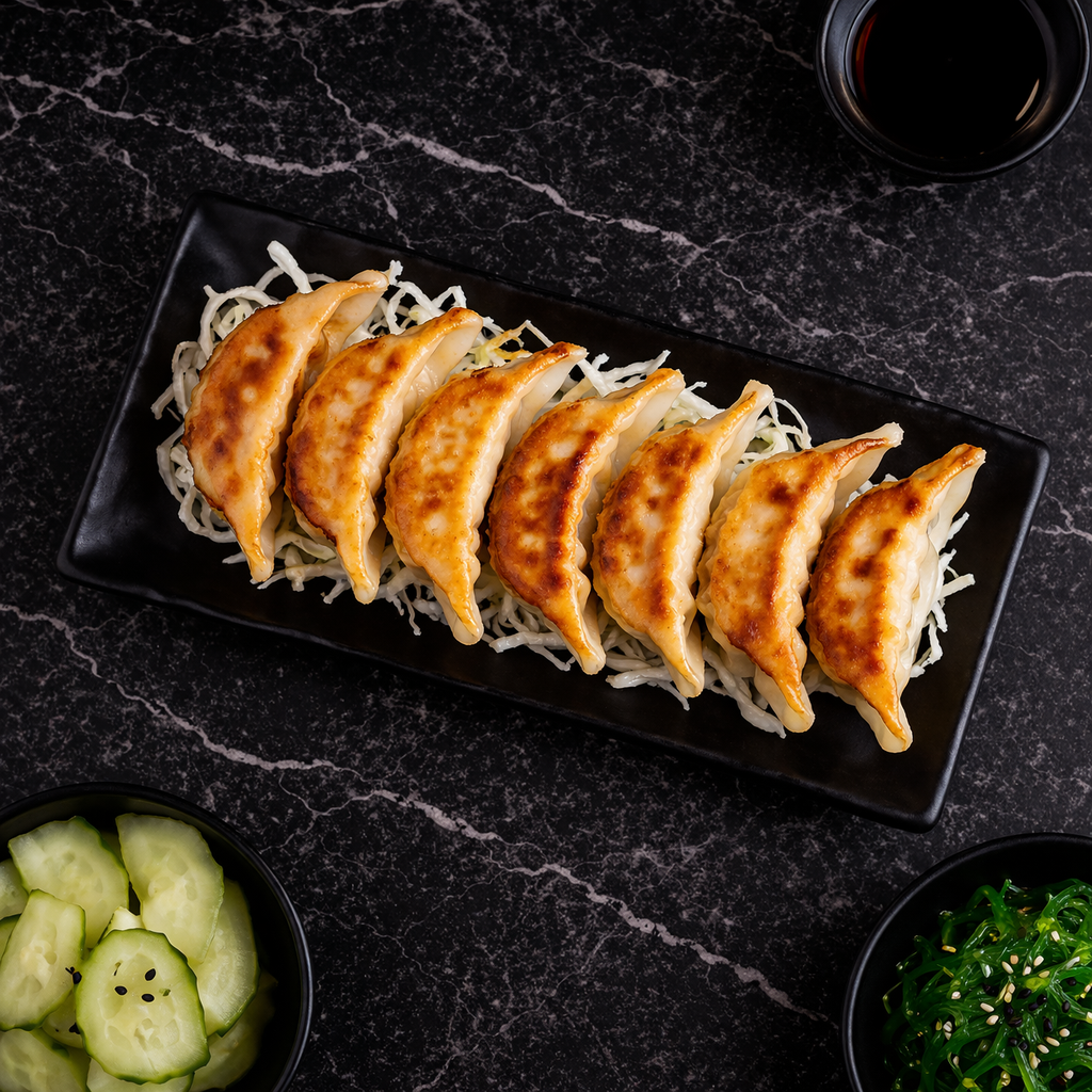 A rectangular plate of seven golden-brown pan-fried gyoza on a bed of shredded cabbage, with cucumber and seaweed sides.