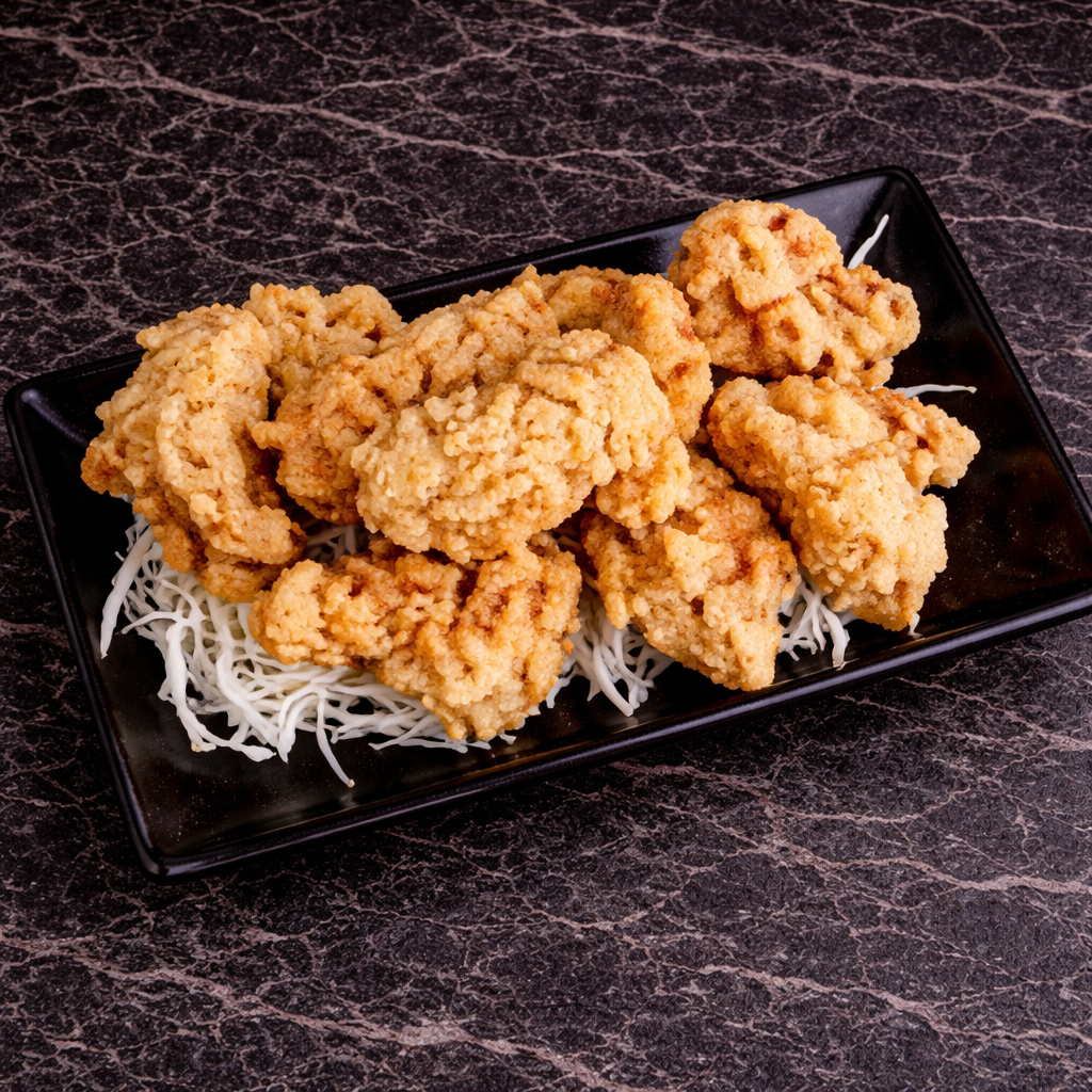 A platter of crispy, golden-brown fried chicken pieces served on a bed of shredded cabbage.