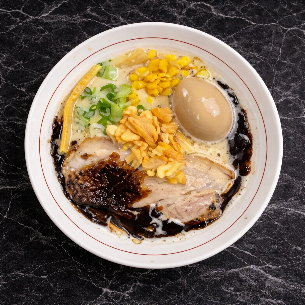 A bowl of ramen with pork slices, a soft-boiled egg, corn, green onions, and fried garlic in a dark, savory broth.