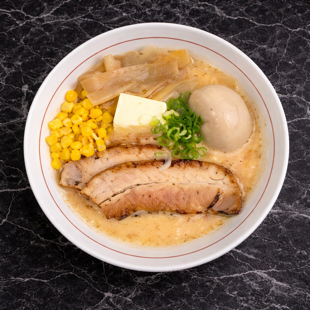 A bowl of ramen with pork belly, a soft-boiled egg, corn, bamboo shoots, butter, and green onions in a creamy broth.