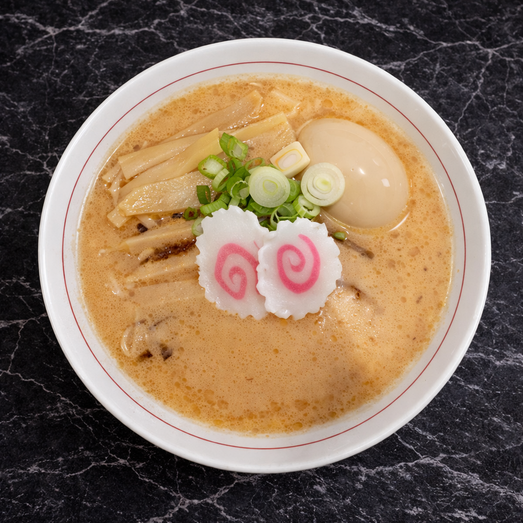 A bowl of ramen with a creamy broth, topped with bamboo shoots, two narutomaki slices, a soft-boiled egg, and green onions.