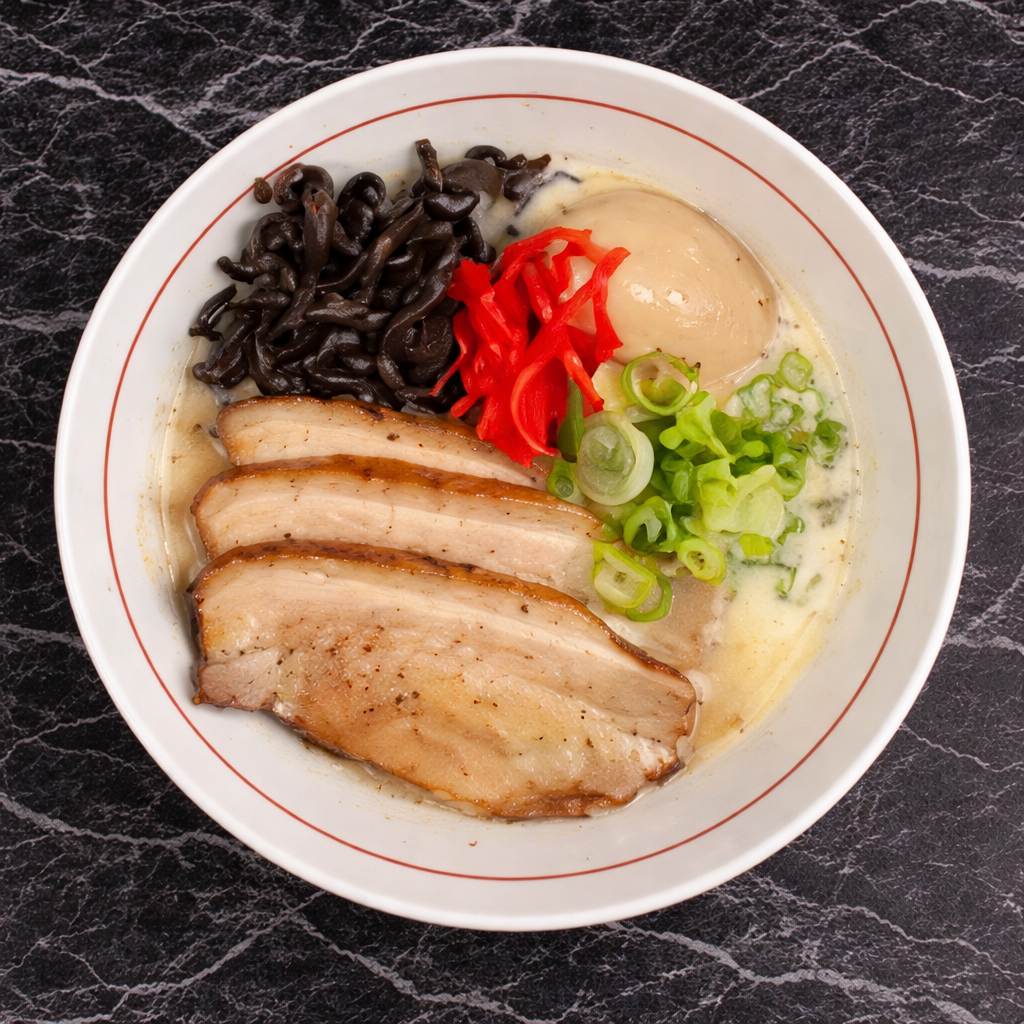A bowl of ramen with pork belly slices, a soft-boiled egg, black fungus, pickled ginger, and green onions in broth.