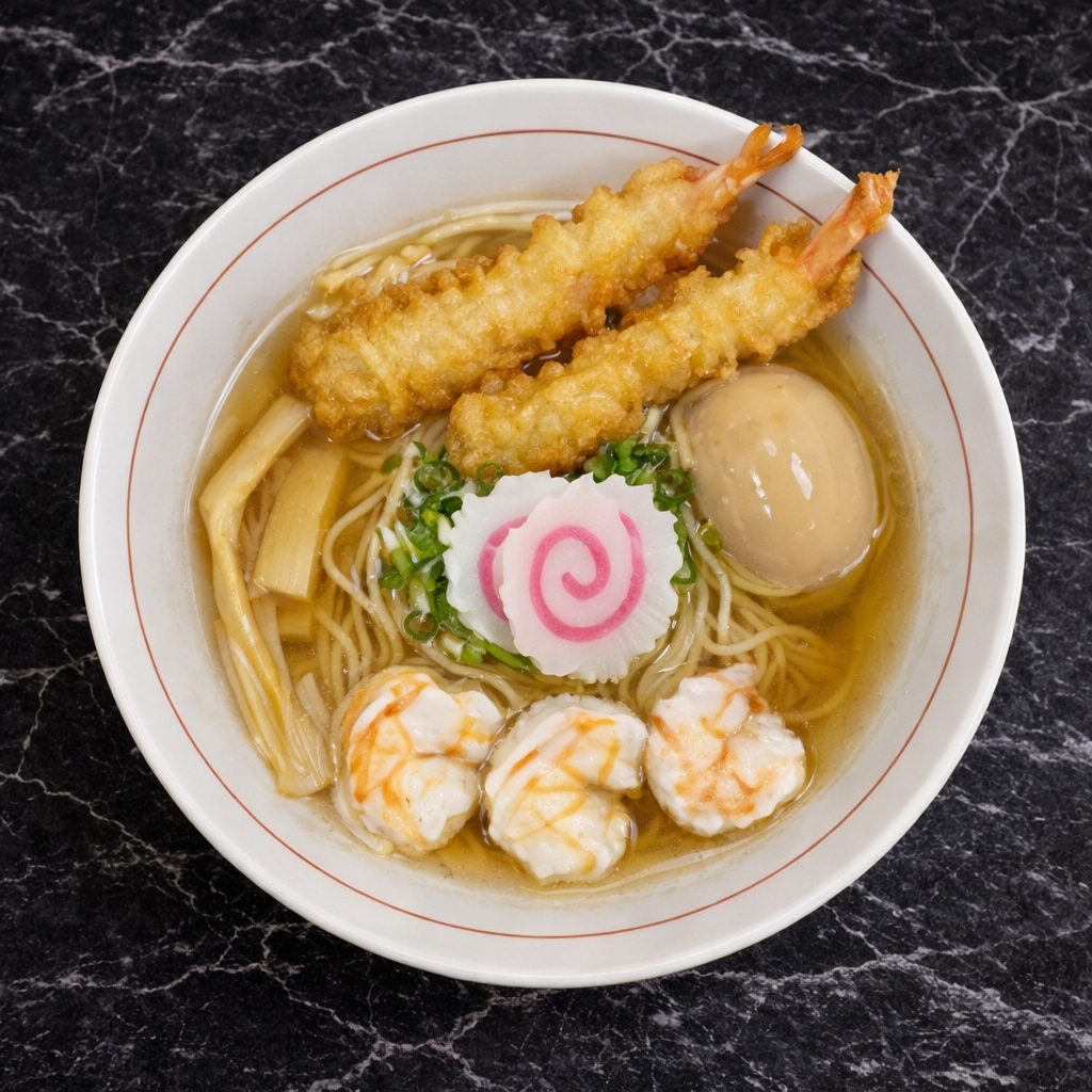 A bowl of ramen topped with two tempura shrimp, three cooked shrimp, a soft-boiled egg, narutomaki, and bamboo shoots.