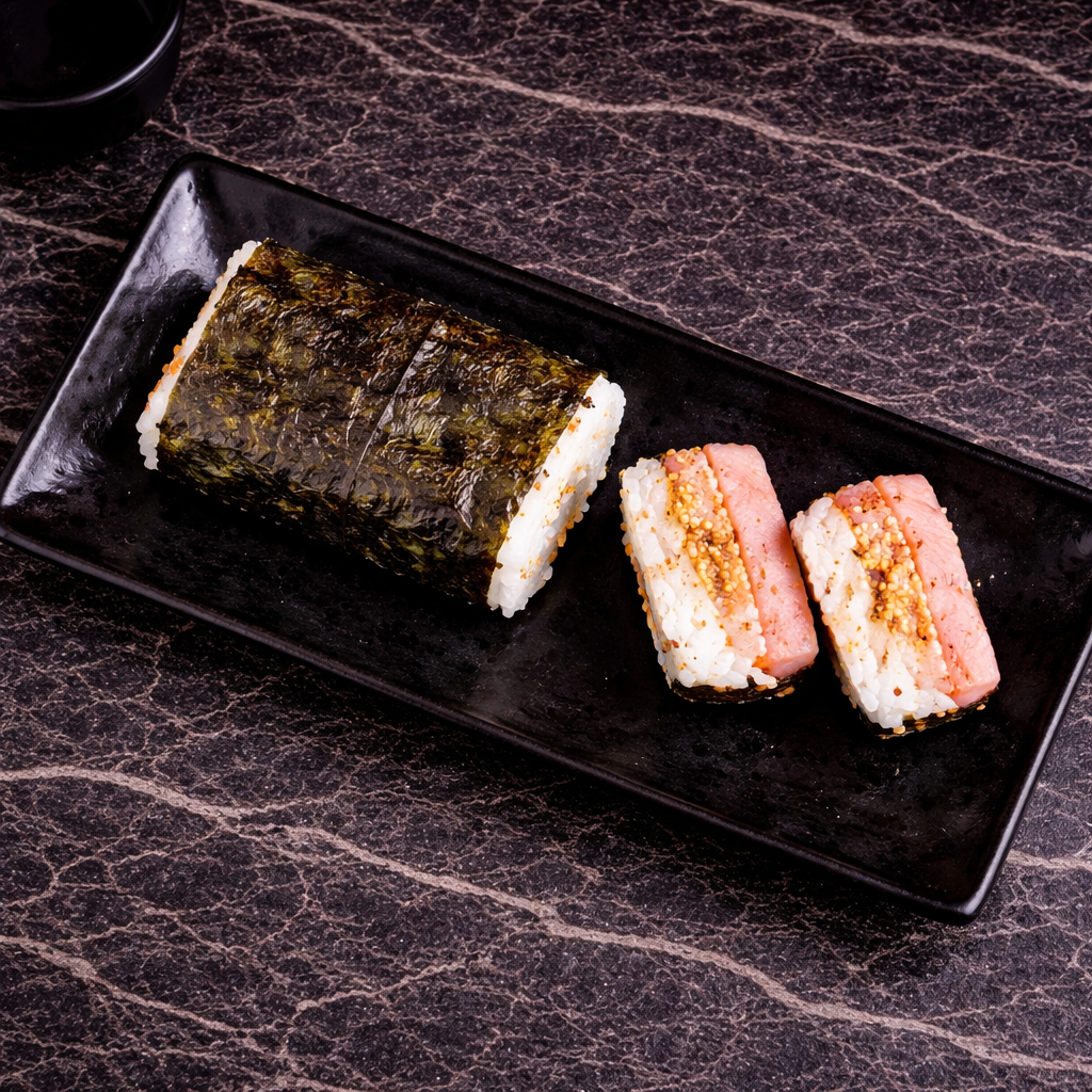 A rectangular plate of Spam musubi on a dark stone surface, featuring one whole roll and two sliced pieces.