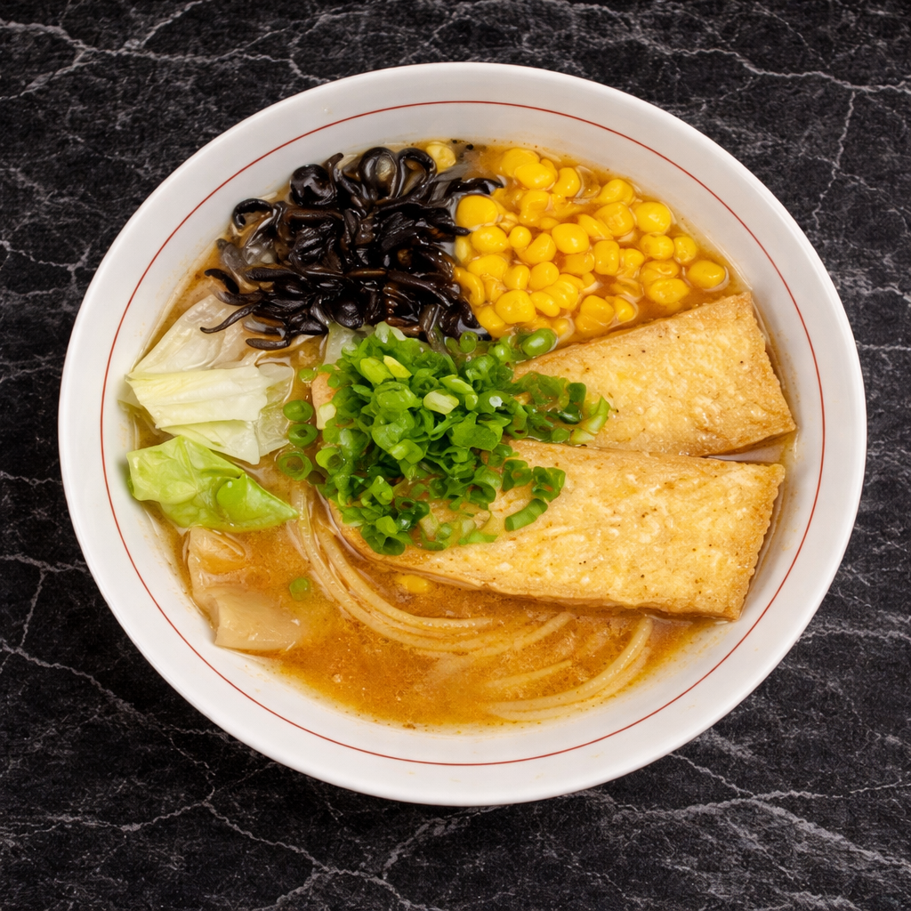 A bowl of ramen with tofu, corn, mushrooms, cabbage, and green onions in a broth, set on a dark, marbled surface.
