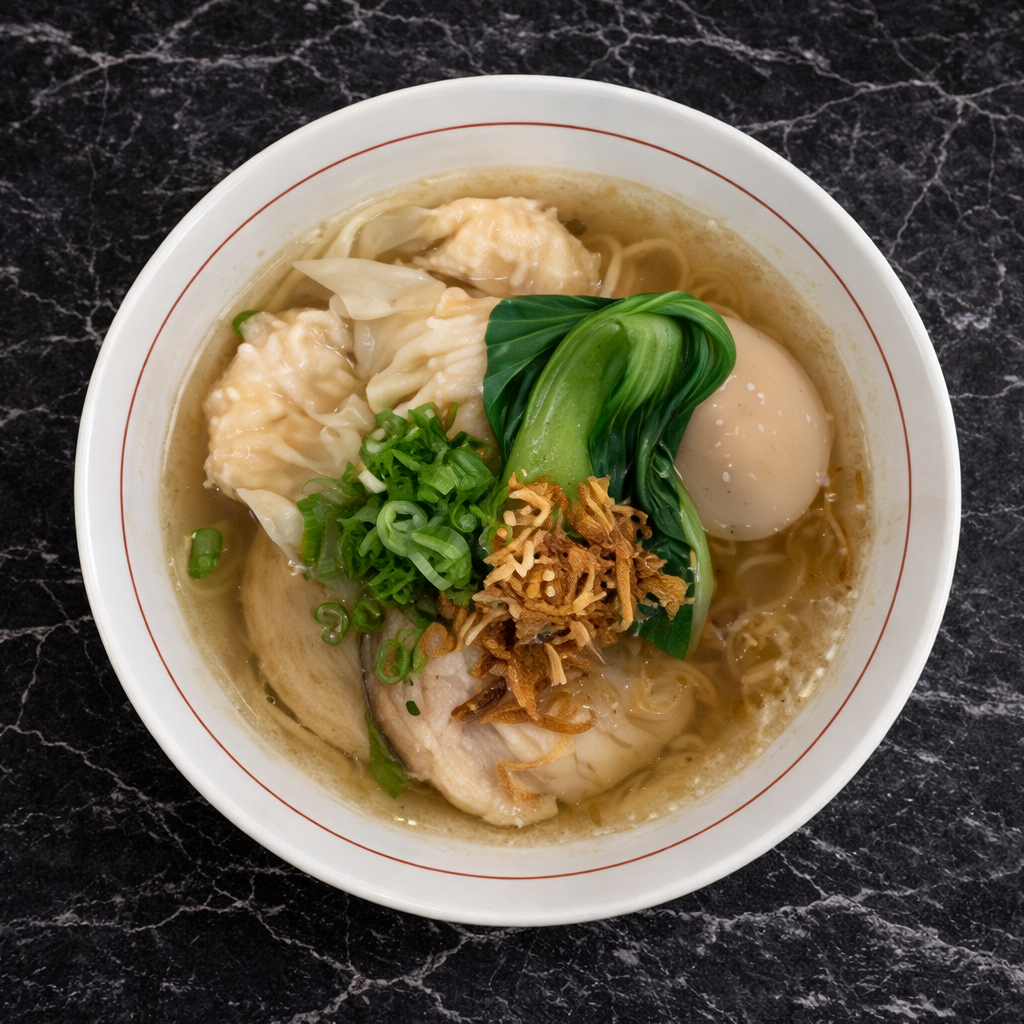 A bowl of ramen topped with wontons, a soft-boiled egg, bok choy, green onions, and fried shallots in a clear broth.