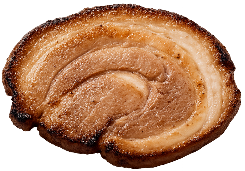 A single, round slice of seared pork belly with charred edges and a spiral-patterned marbled texture.